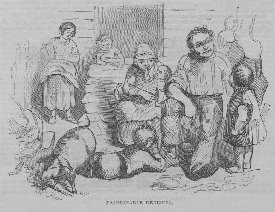 A cartoon drawing of six people and one pig sitting near each other, originally published in Harper's Weekly.