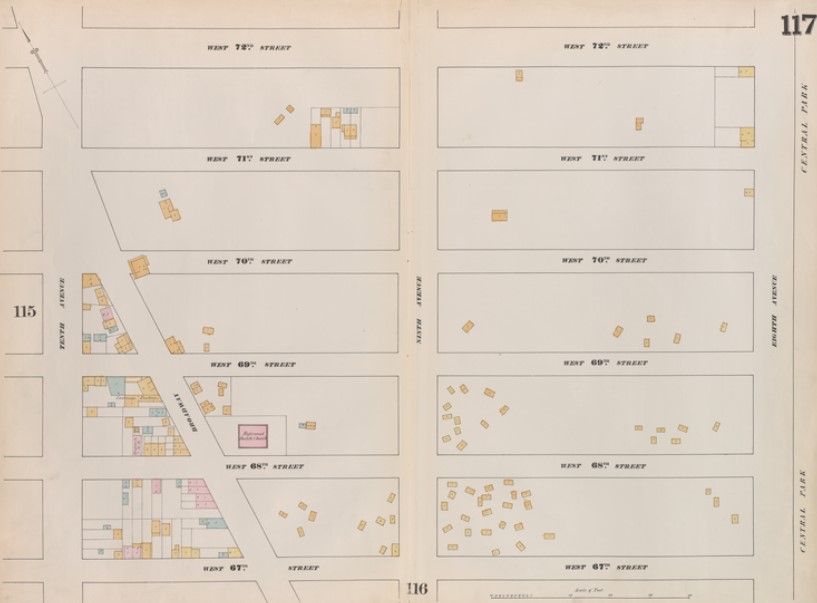 Map showing Seneca Village buildings in about 1860